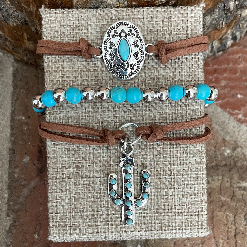 Concho And Saguaro Cactus Faux Leather Bracelet Set